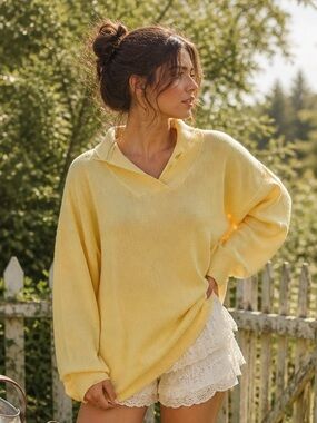 Ivicoer Fashion  Butter Yellow Ribbed Shawl Collar Oversized Sweater Size XXXL